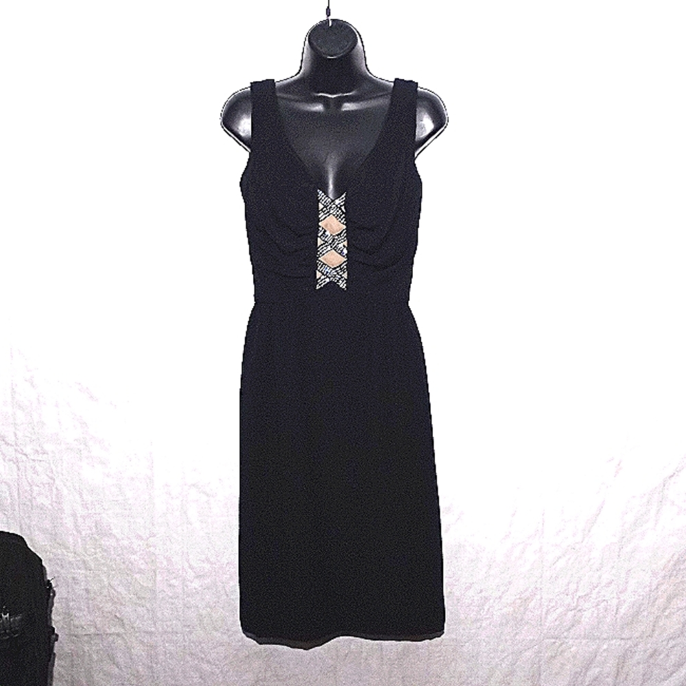 VINTAGE VICTOR COSTA Black Sheath Dress with Illusion Bodice w/Rhineston…